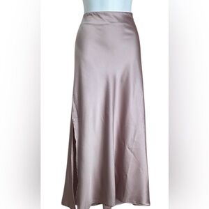LIFE Silky Midi Bias Satin Skirt in Dusty Mauve Blush Tones. Pull On. Slit XL